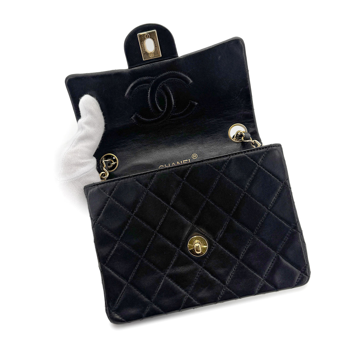 CHANEL VINTAGE MINI SQUARE 17 CHAIN SHOULDER BAG BLACK LAMB SKIN 90266446