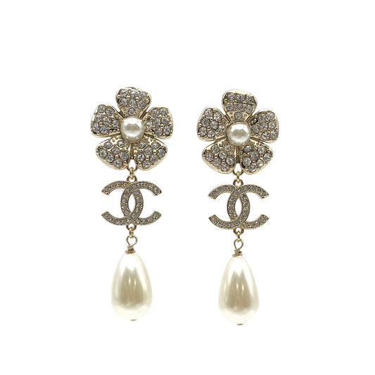 CHANEL EARRINGS COCOMARK SWING FAUX PEARL RHINESTONE ACCESSORY B23C 90266449