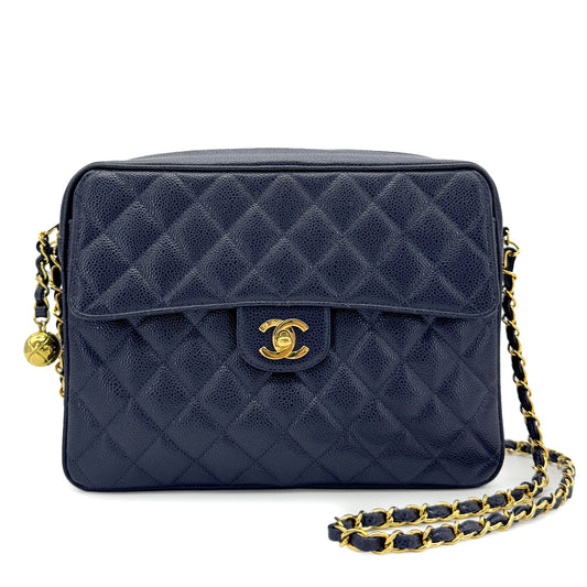 CHANEL VINTAGE MATELASSE CHAIN SHOULDER BAG NAVY CAVIAR SKIN 90266716