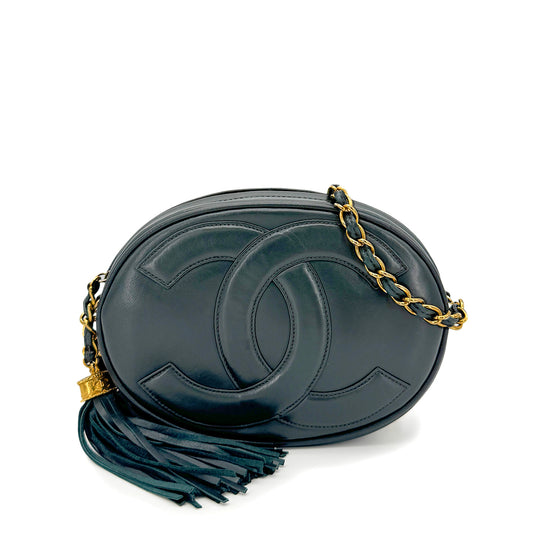 CHANEL VINTAGE FRINGE BIG COCO ROUND CHAIN SHOULDER BAG KAHKI LAMB SKIN 90266721