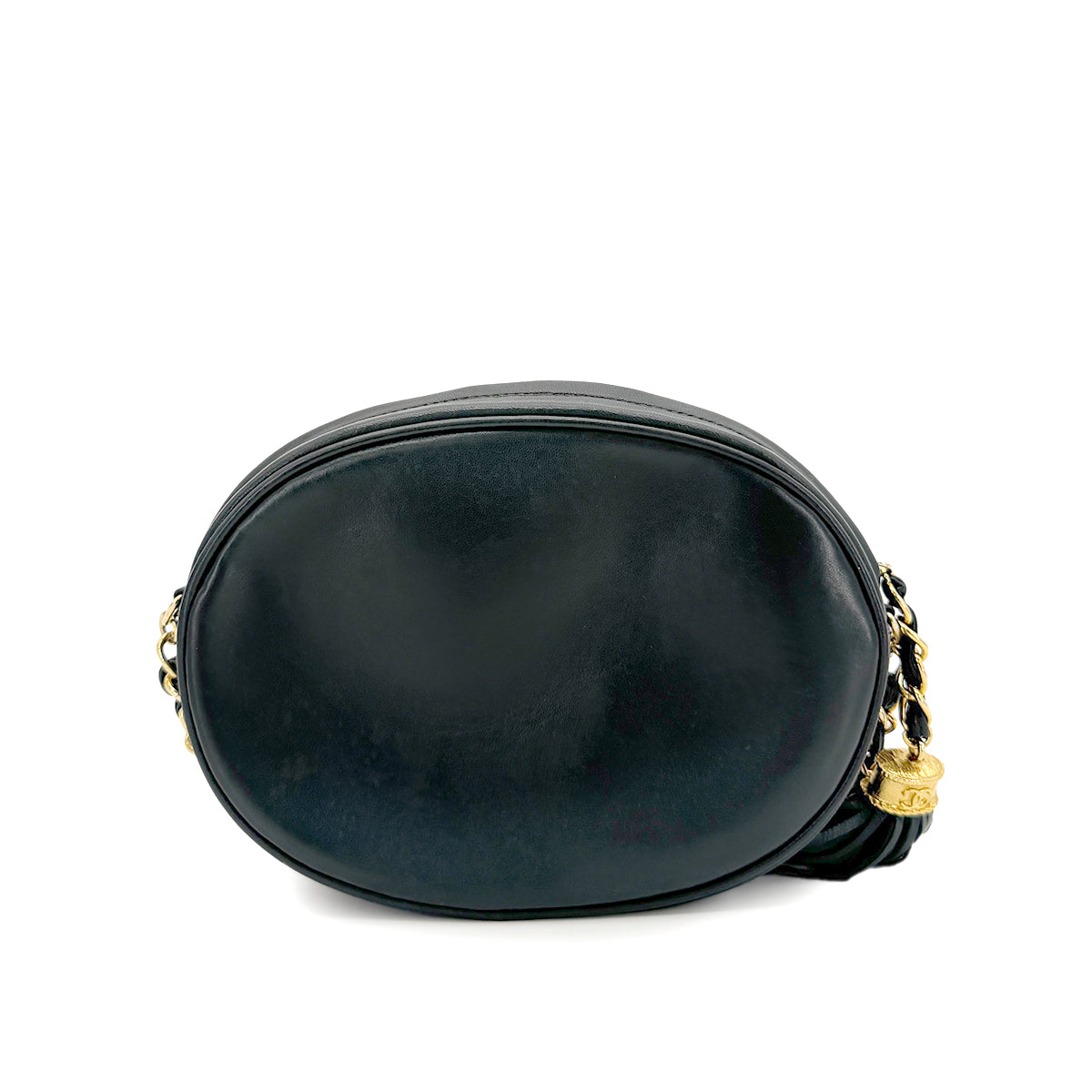 CHANEL VINTAGE FRINGE BIG COCO ROUND CHAIN SHOULDER BAG KAHKI LAMB SKIN 90266721