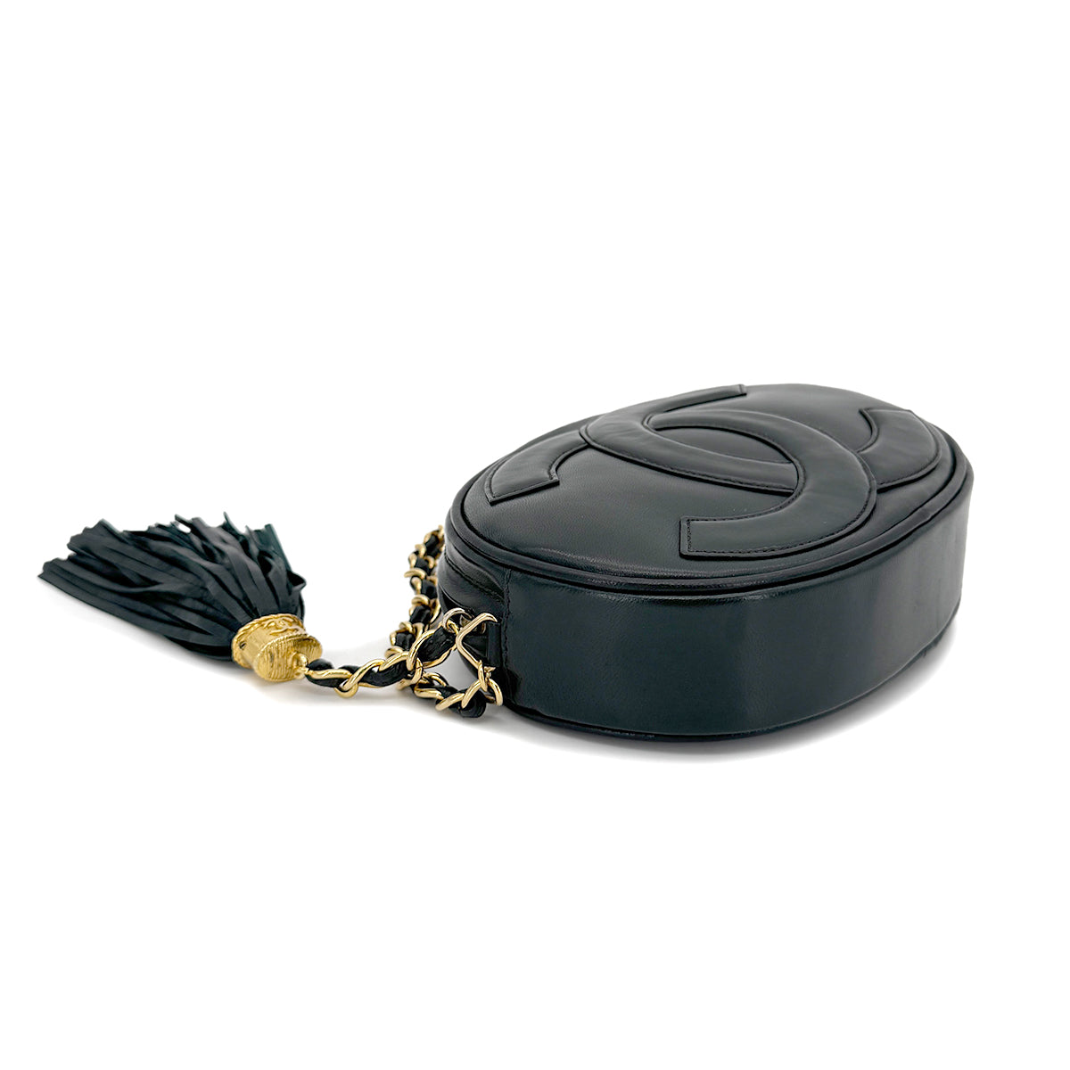 CHANEL VINTAGE FRINGE BIG COCO ROUND CHAIN SHOULDER BAG KAHKI LAMB SKIN 90266721