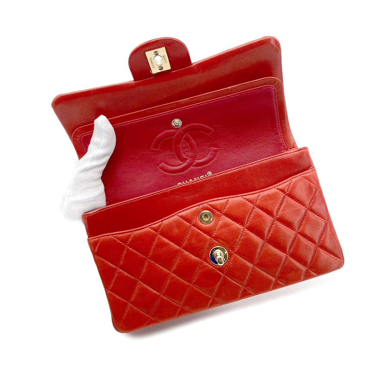 CHANEL VINTAGE CLASSIC FLAP SMALL CHAIN SHOULDER BAG RED LAMB SKIN 90266723