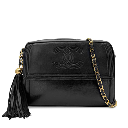 CHANEL VINTAGE FRINGE CHAIN SHOULDER BAG BLACK LAMB SKIN 90266725
