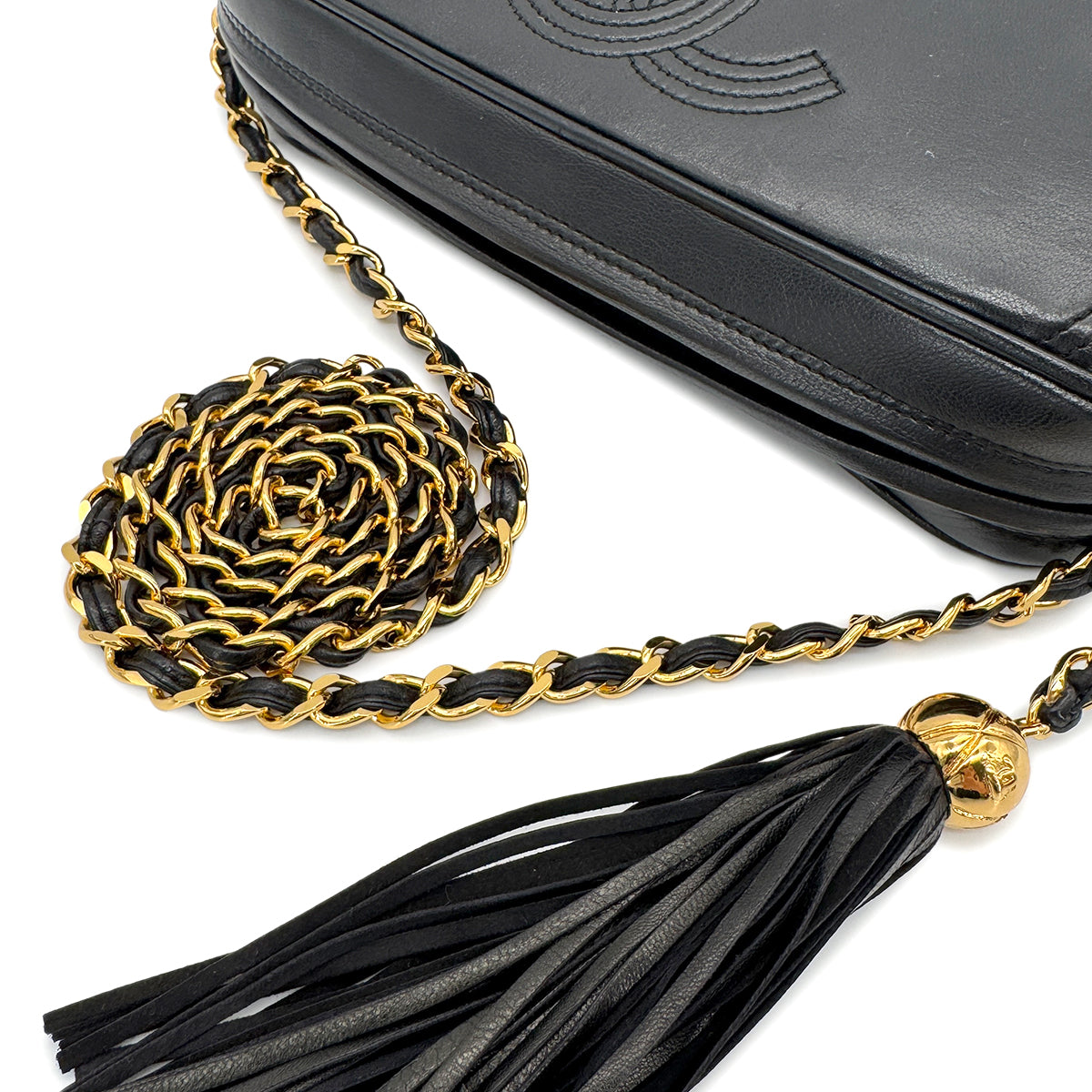 CHANEL VINTAGE FRINGE CHAIN SHOULDER BAG BLACK LAMB SKIN 90266725