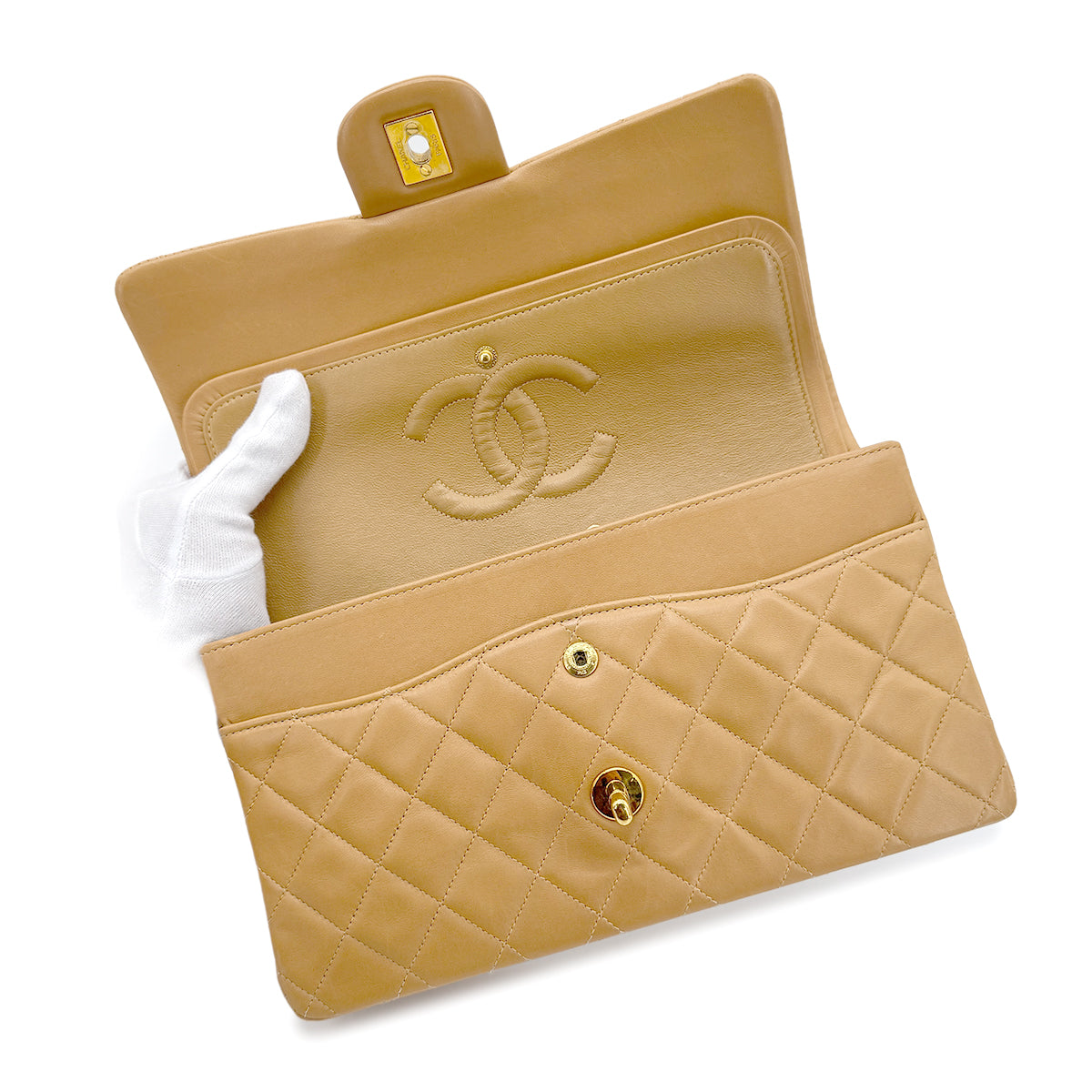 CHANEL VINTAGE CLASSIC FLAP MEDIUM CHAIN SHOULDER BAG CAMEL LAMB SKIN 90266726