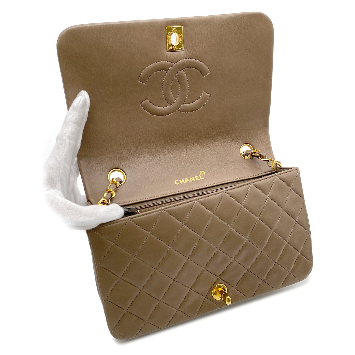 CHANEL VINTAGE FULL FLAP CHAIN SHOULDER BAG BROWN LAMB SKIN 90266730