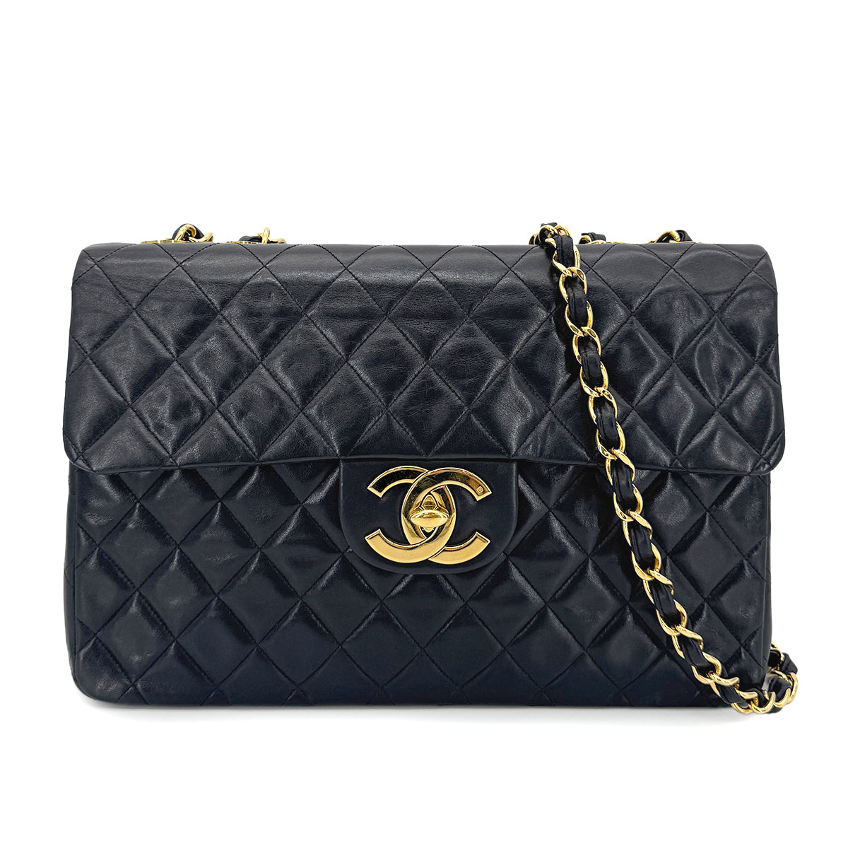 CHANEL VINTAGE MAXI MATELASSE 34 CHAIN SHOULDER BAG BLACK LAMB SKIN 90266732