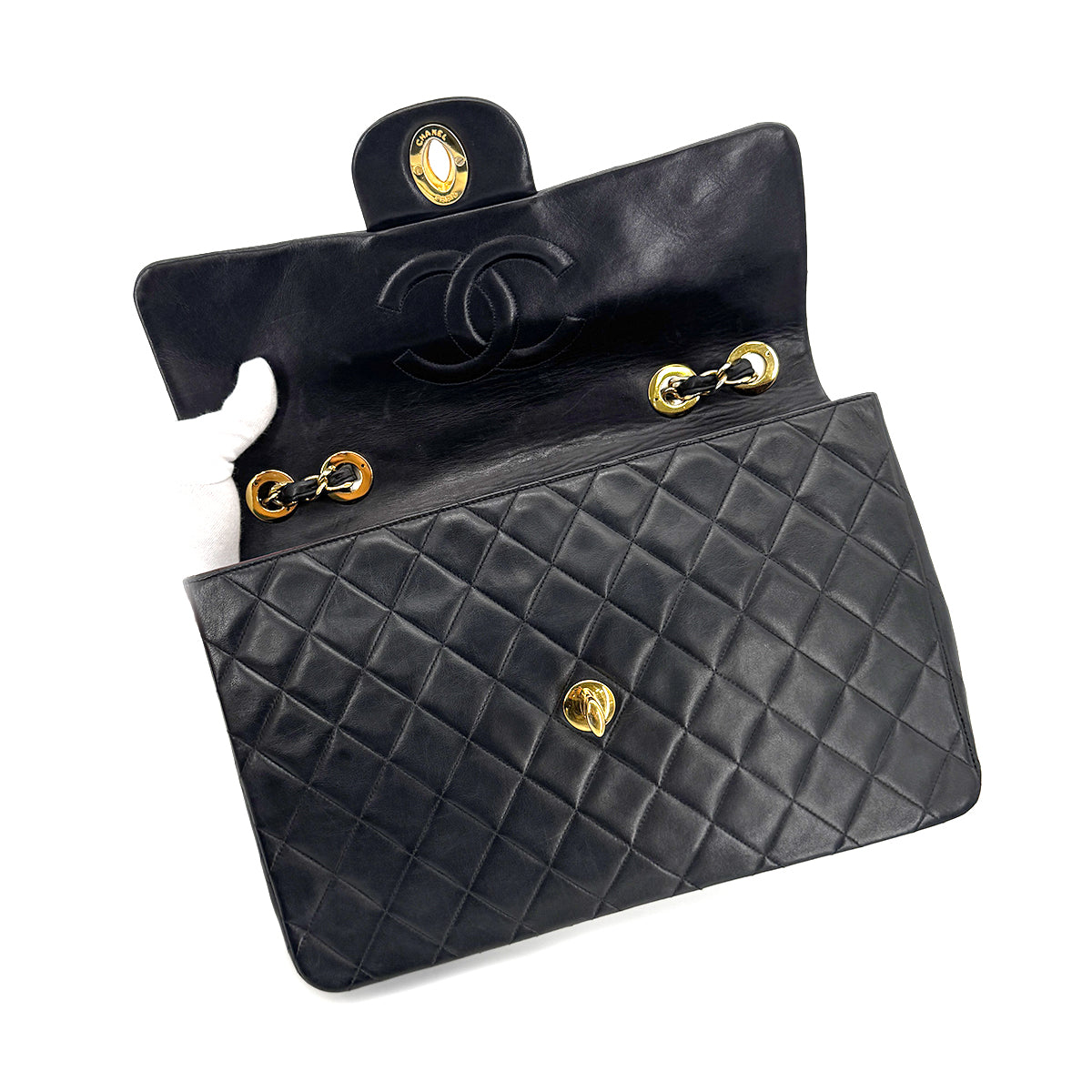 CHANEL VINTAGE MAXI MATELASSE 34 CHAIN SHOULDER BAG BLACK LAMB SKIN 90266733