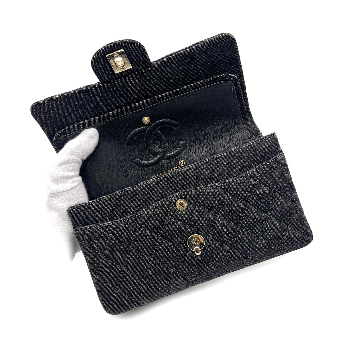 CHANEL VINTAGE CLASSIC FLAP SMALL CHAIN SHOULDER BAG BLACK DENIM 90266735