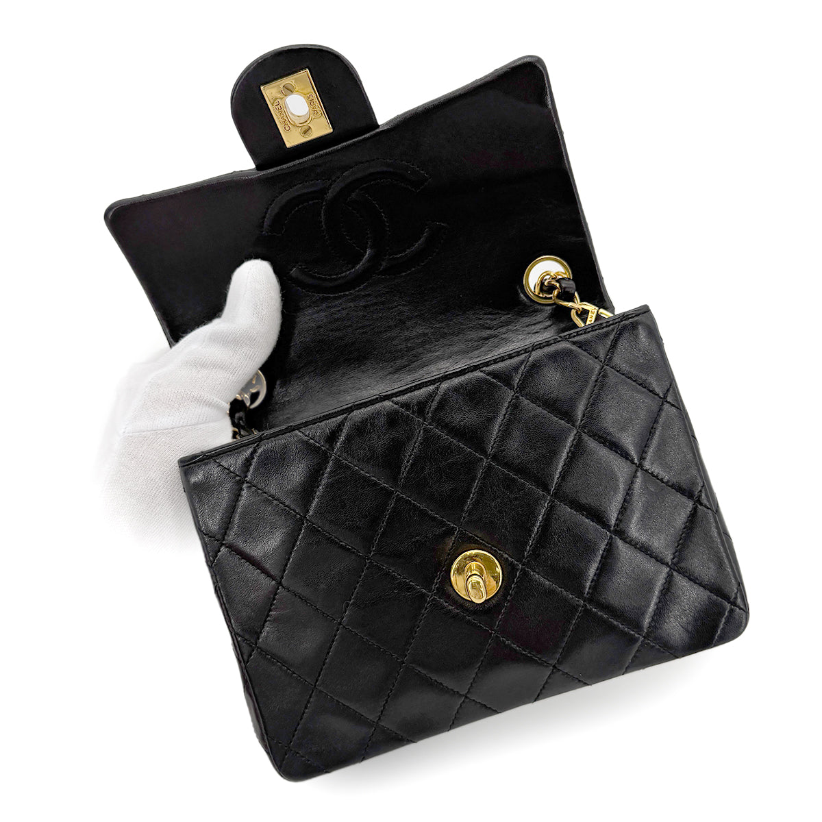 CHANEL VINTAGE MINI SQUARE 17 CHAIN SHOULDER BAG BLACK LAMB SKIN 90266742