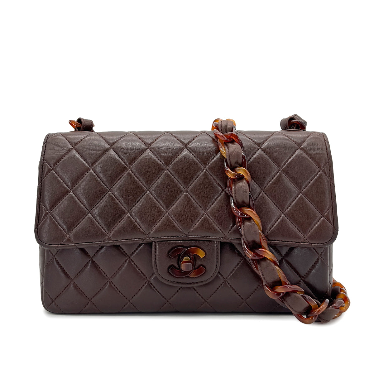 CHANEL VINTAGE TORTOISESHELL CHAIN SHOULDER BAG BROWN LAMB SKIN 90267375