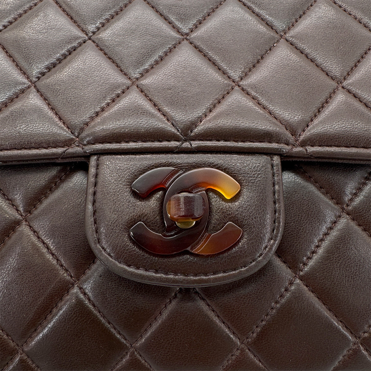 CHANEL VINTAGE TORTOISESHELL CHAIN SHOULDER BAG BROWN LAMB SKIN 90267375