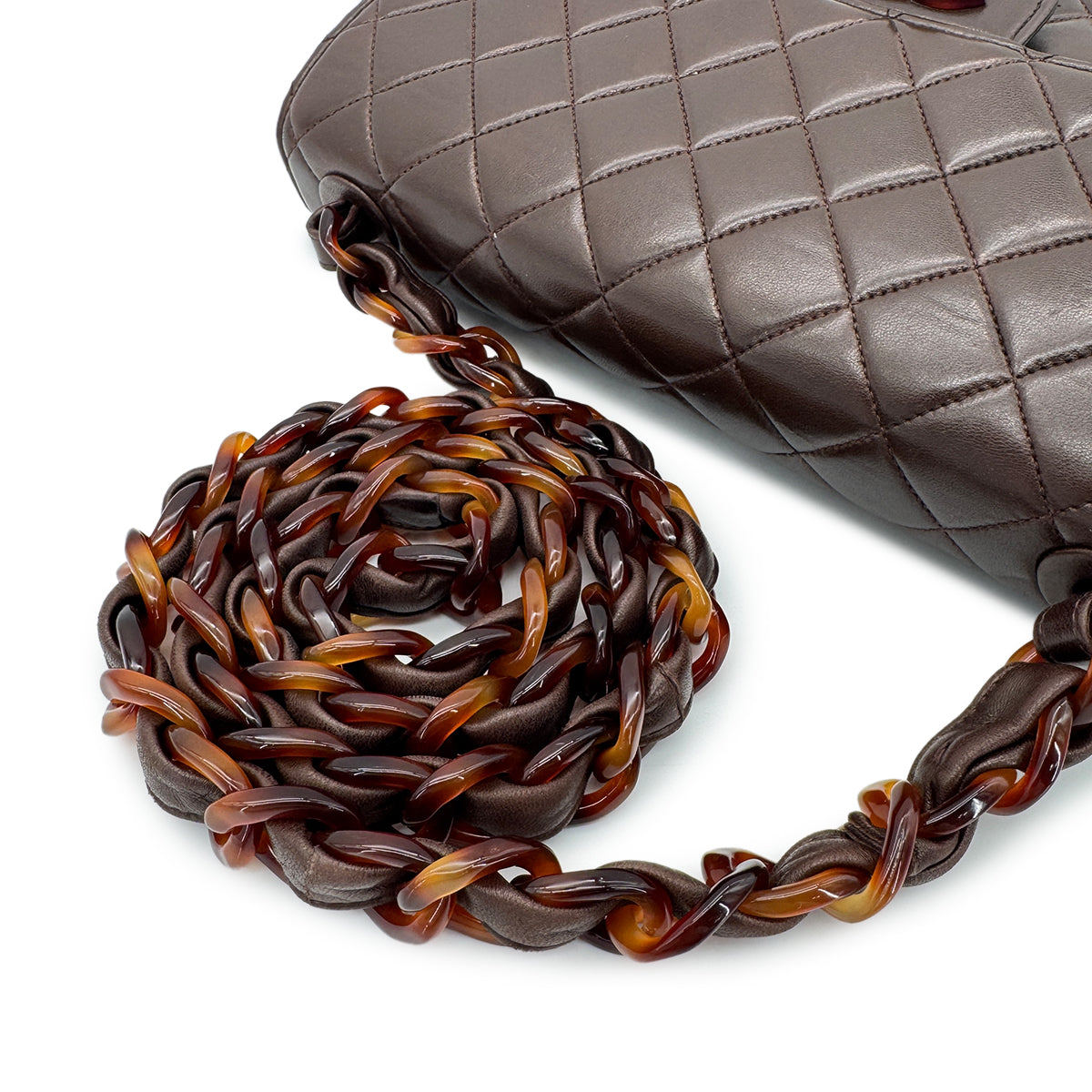 CHANEL VINTAGE TORTOISESHELL CHAIN SHOULDER BAG BROWN LAMB SKIN 90267375