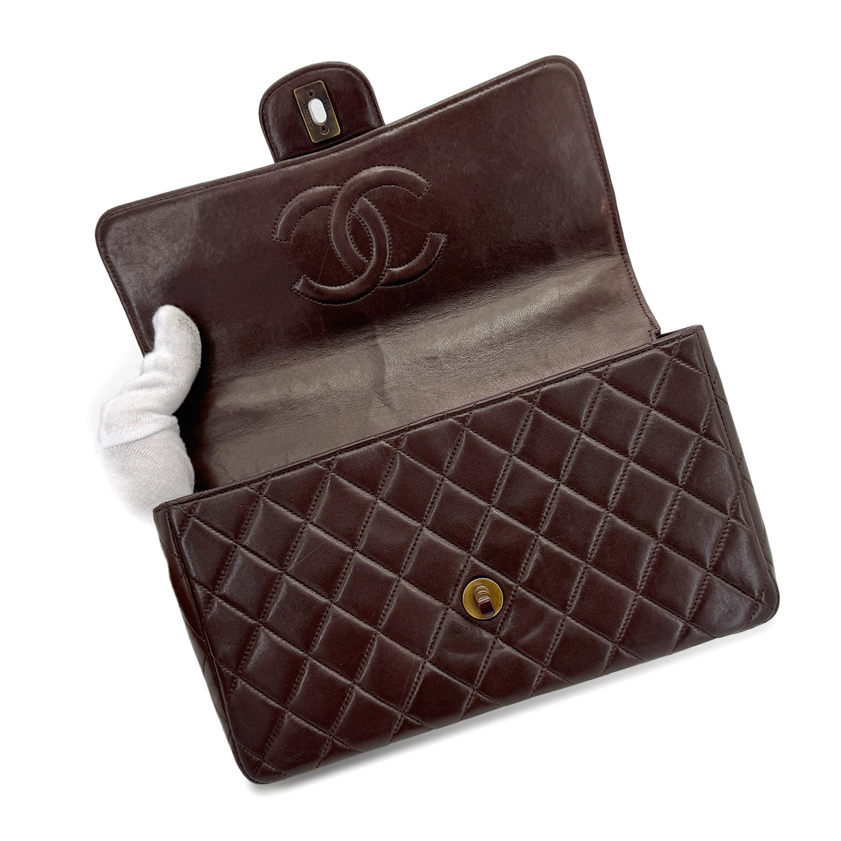 CHANEL VINTAGE TORTOISESHELL CHAIN SHOULDER BAG BROWN LAMB SKIN 90267375