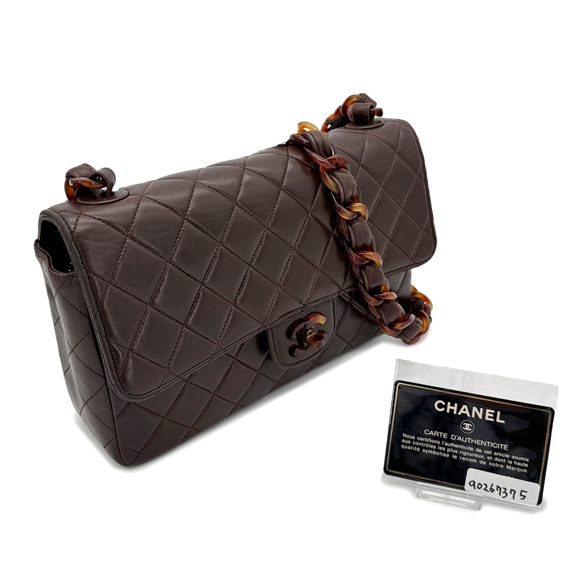 CHANEL VINTAGE TORTOISESHELL CHAIN SHOULDER BAG BROWN LAMB SKIN 90267375