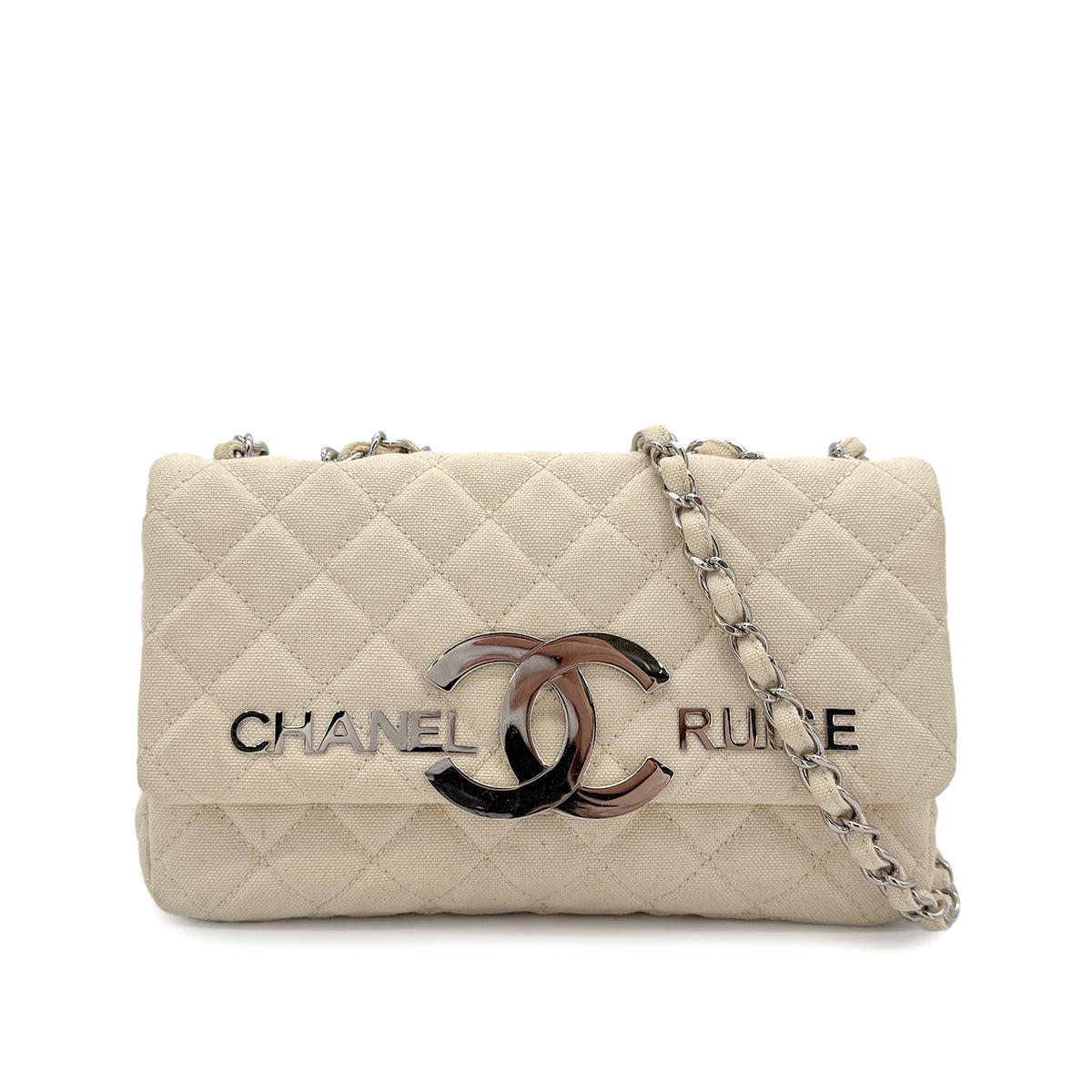 CHANEL VINTAGE CRUISE LINE CHAIN SHOULDER BAG BEIGE CANVAS 90267380