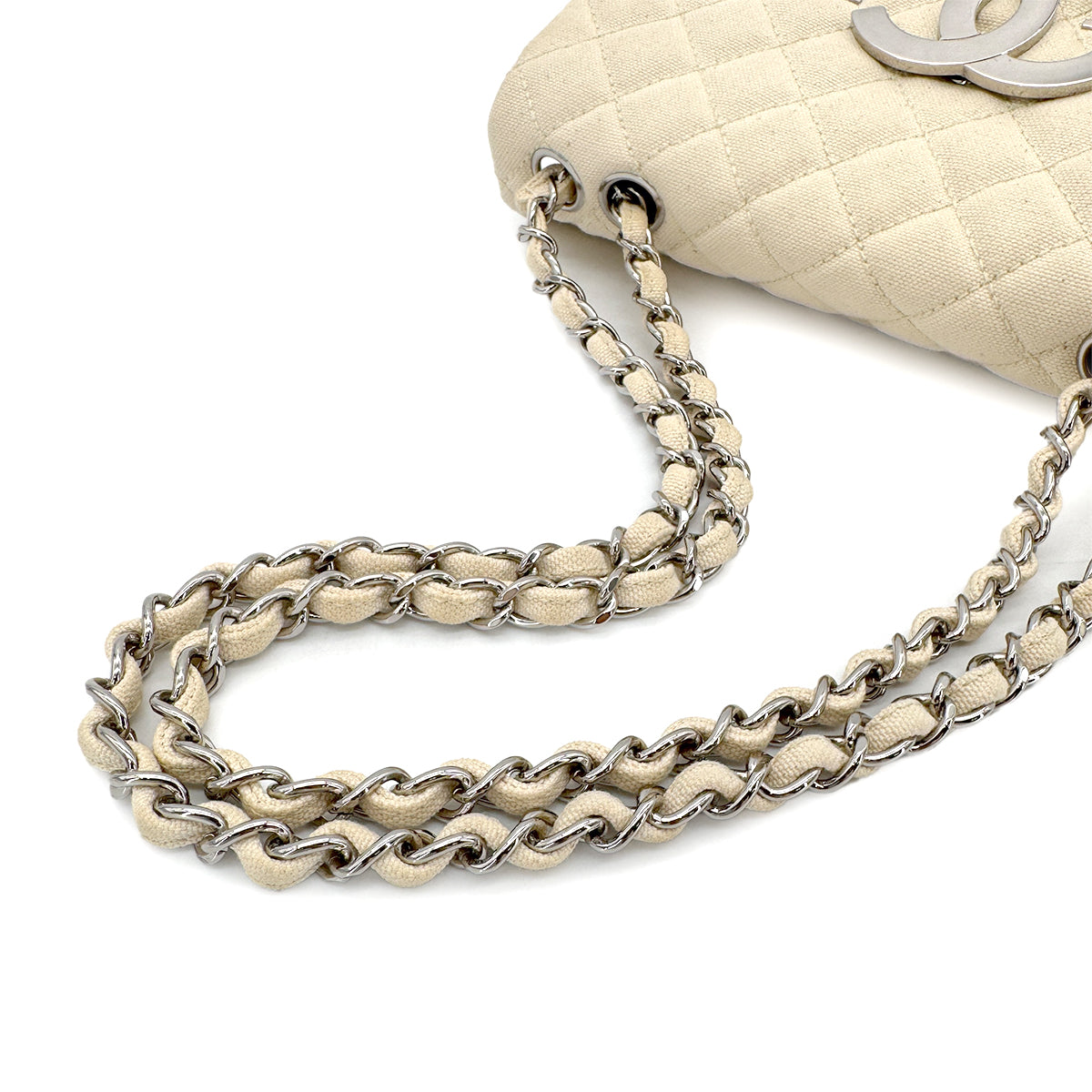 CHANEL VINTAGE CRUISE LINE CHAIN SHOULDER BAG BEIGE CANVAS 90267380