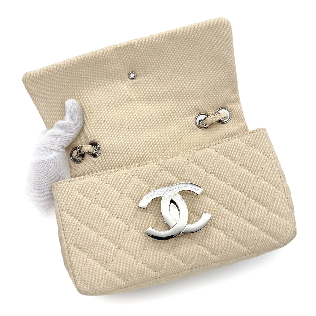 CHANEL VINTAGE CRUISE LINE CHAIN SHOULDER BAG BEIGE CANVAS 90267380