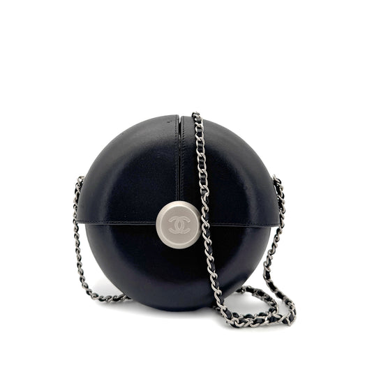 CHANEL EVENING IN THE AIR CHAIN SHOULDER BAG ROUND BLACK LEATHER 90267385