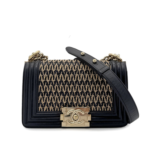 CHANEL BOYCHANEL SMALL CHAIN SHOULDER BAG STRAW LAMB SKIN 90267388