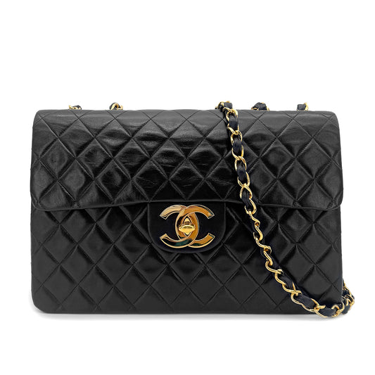 CHANEL VINTAGE MAXI MATELASSE 34 CHAIN SHOULDER BAG BLACK LAMB SKIN 90267401