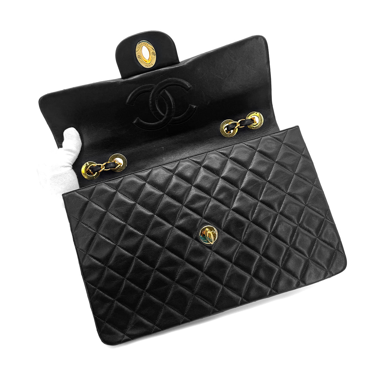 CHANEL VINTAGE MAXI MATELASSE 34 CHAIN SHOULDER BAG BLACK LAMB SKIN 90267401