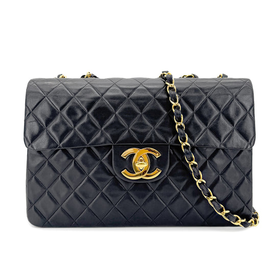 CHANEL VINTAGE MAXI MATELASSE 34 CHAIN SHOULDER BAG BLACK LAMB SKIN 90267408