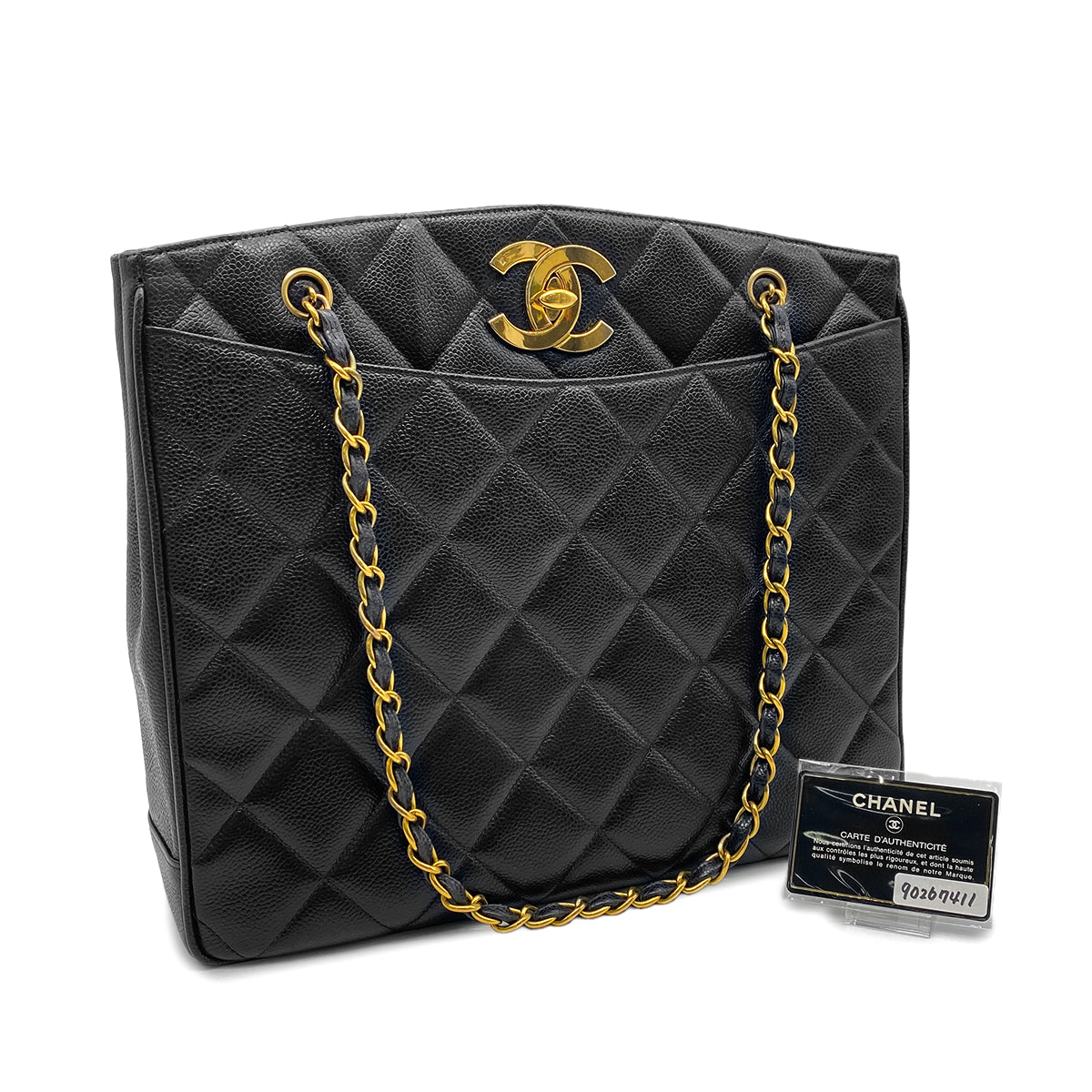CHANEL VINTAGE CHAIN TOTE BAG  BLACK CAVIAR SKIN 90267411