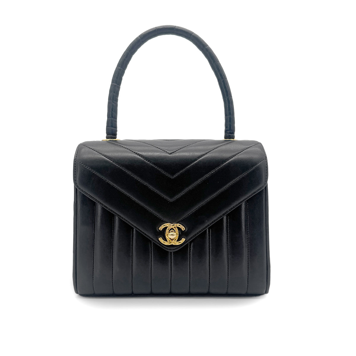 CHANEL VINTAGE CHEVRON V STITCH HAND BAG BLACK LAMB SKIN 90267412