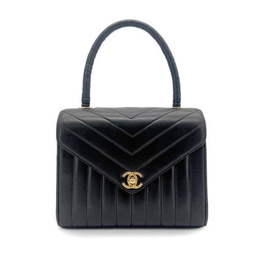CHANEL VINTAGE CHEVRON V STITCH HAND BAG BLACK LAMB SKIN 90267412