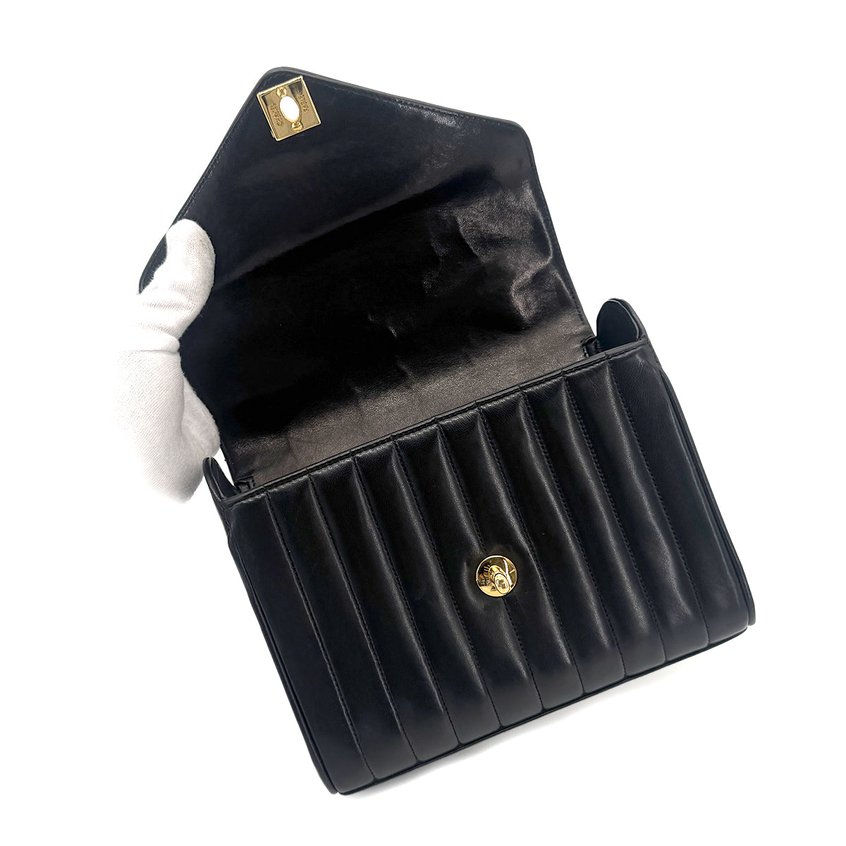 CHANEL VINTAGE CHEVRON V STITCH HAND BAG BLACK LAMB SKIN 90267412