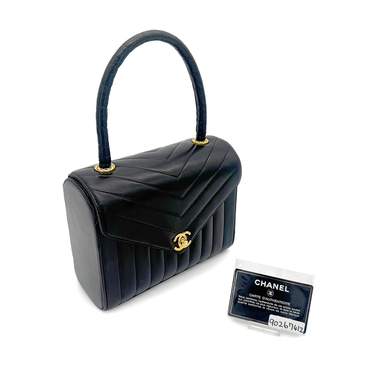 CHANEL VINTAGE CHEVRON V STITCH HAND BAG BLACK LAMB SKIN 90267412