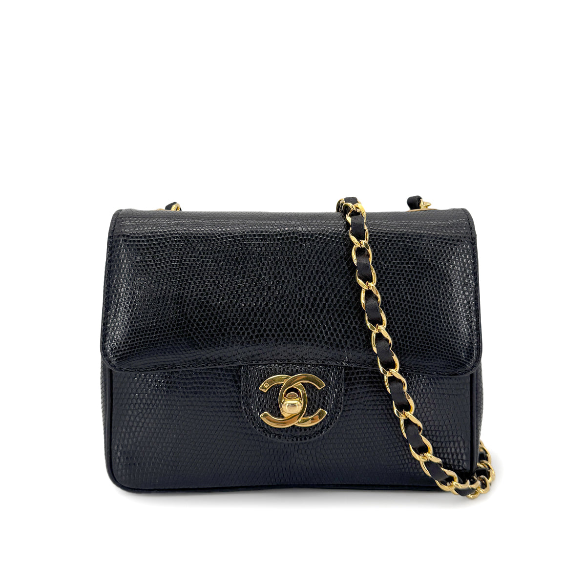 CHANEL VINTAGE MINI SQUARE 17 CHAIN SHOULDER BAG BLACK LIZARD 90267413