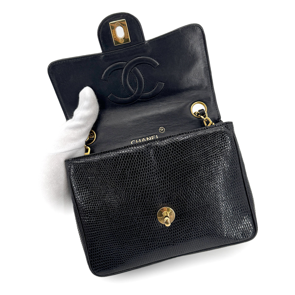 CHANEL VINTAGE MINI SQUARE 17 CHAIN SHOULDER BAG BLACK LIZARD 90267413
