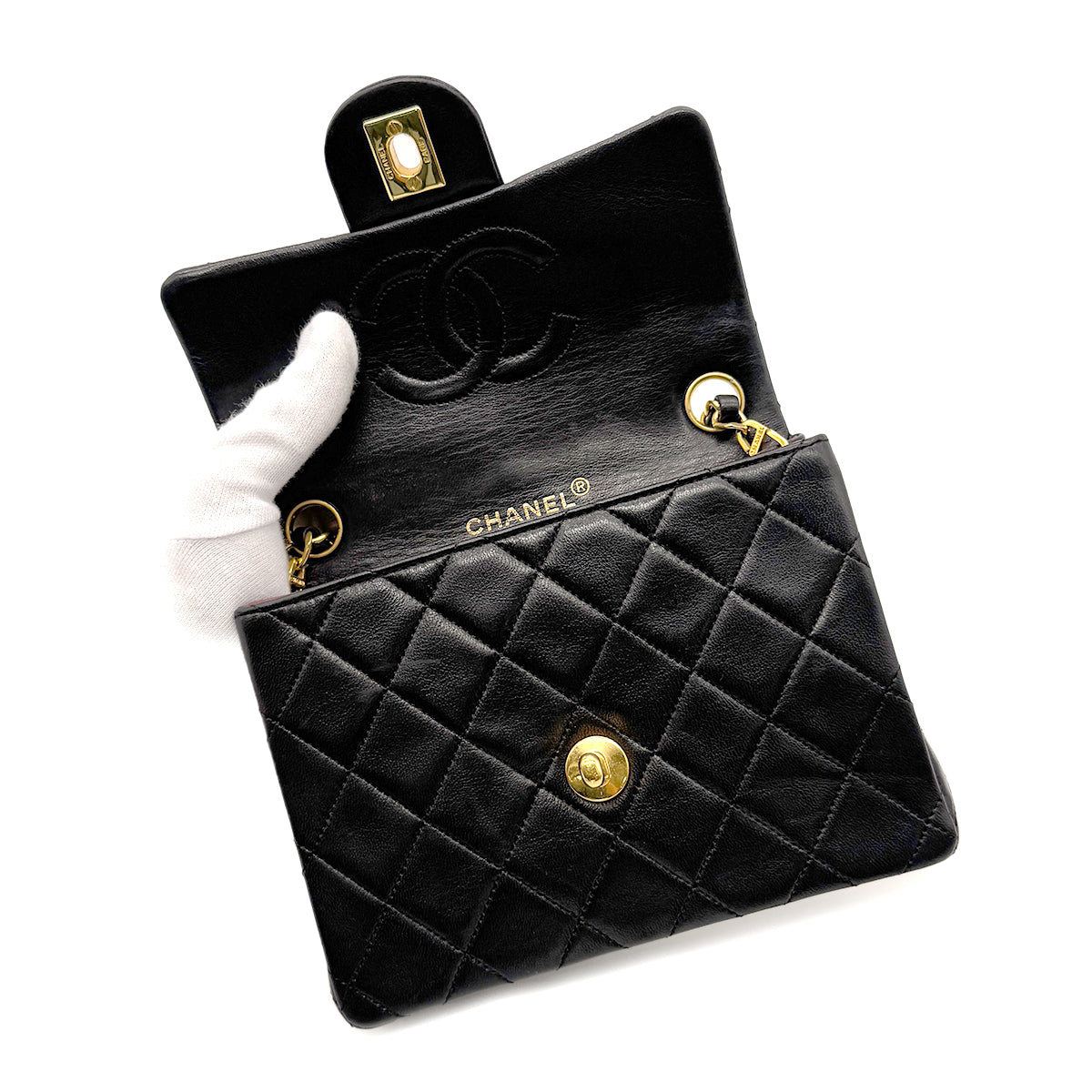 CHANEL VINTAGE MINI SQUARE 17 CHAIN SHOULDER BAG BLACK LAMB SKIN 90267434