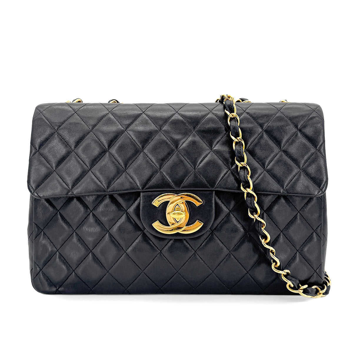 CHANEL VINTAGE MAXI MATELASSE 34 CHAIN SHOULDER BAG BLACK LAMB SKIN 90267437