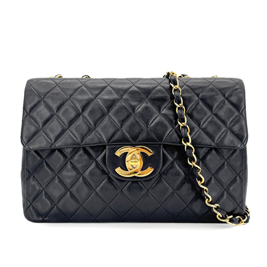 CHANEL VINTAGE MAXI MATELASSE 34 CHAIN SHOULDER BAG BLACK LAMB SKIN 90267437