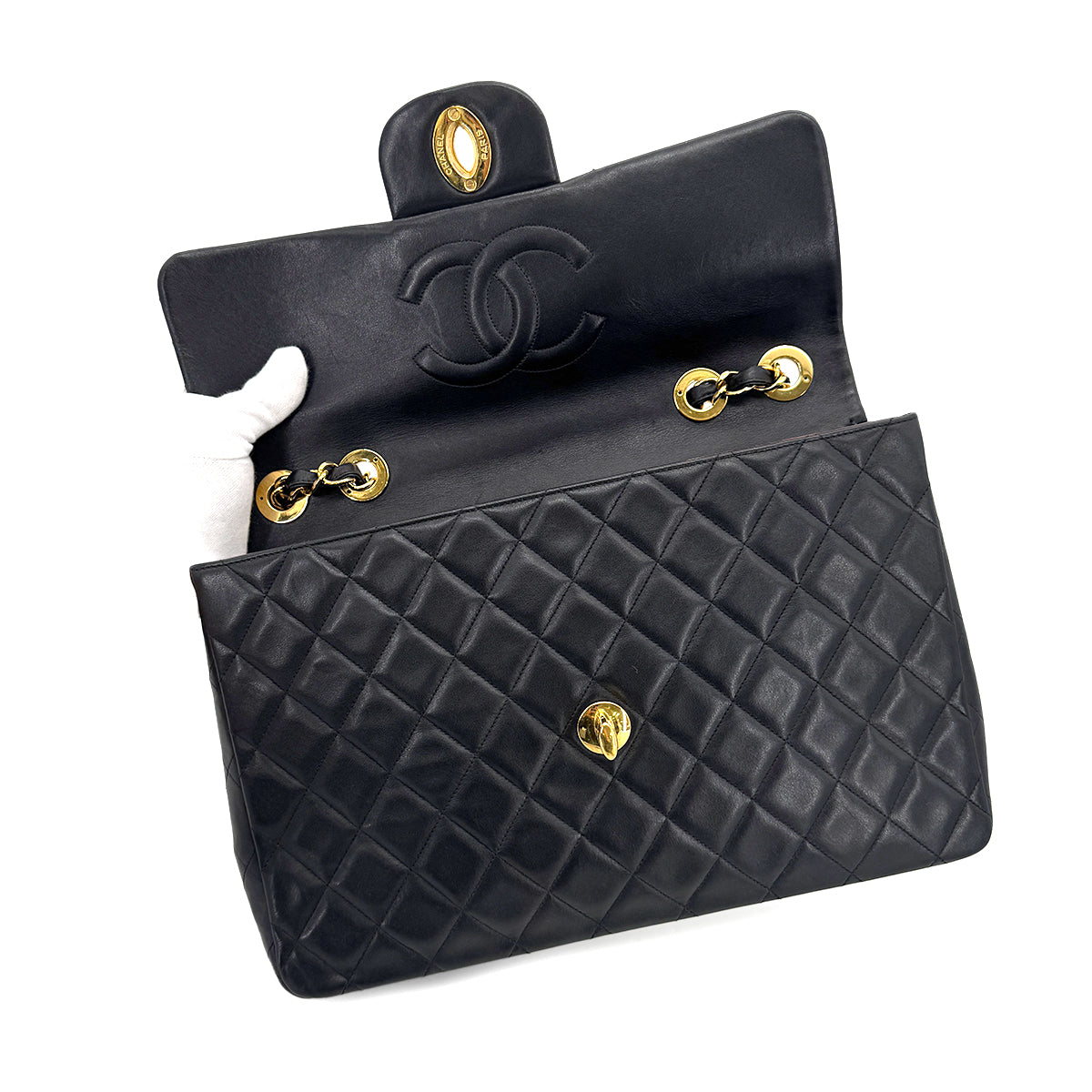 CHANEL VINTAGE MAXI MATELASSE 34 CHAIN SHOULDER BAG BLACK LAMB SKIN 90267437