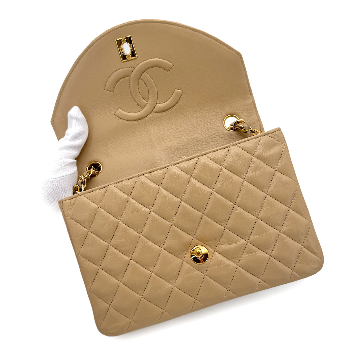 CHANEL VINTAGE HALF MOON CHAIN SHOULDER BAG BEIGE LAMB SKIN 90267440