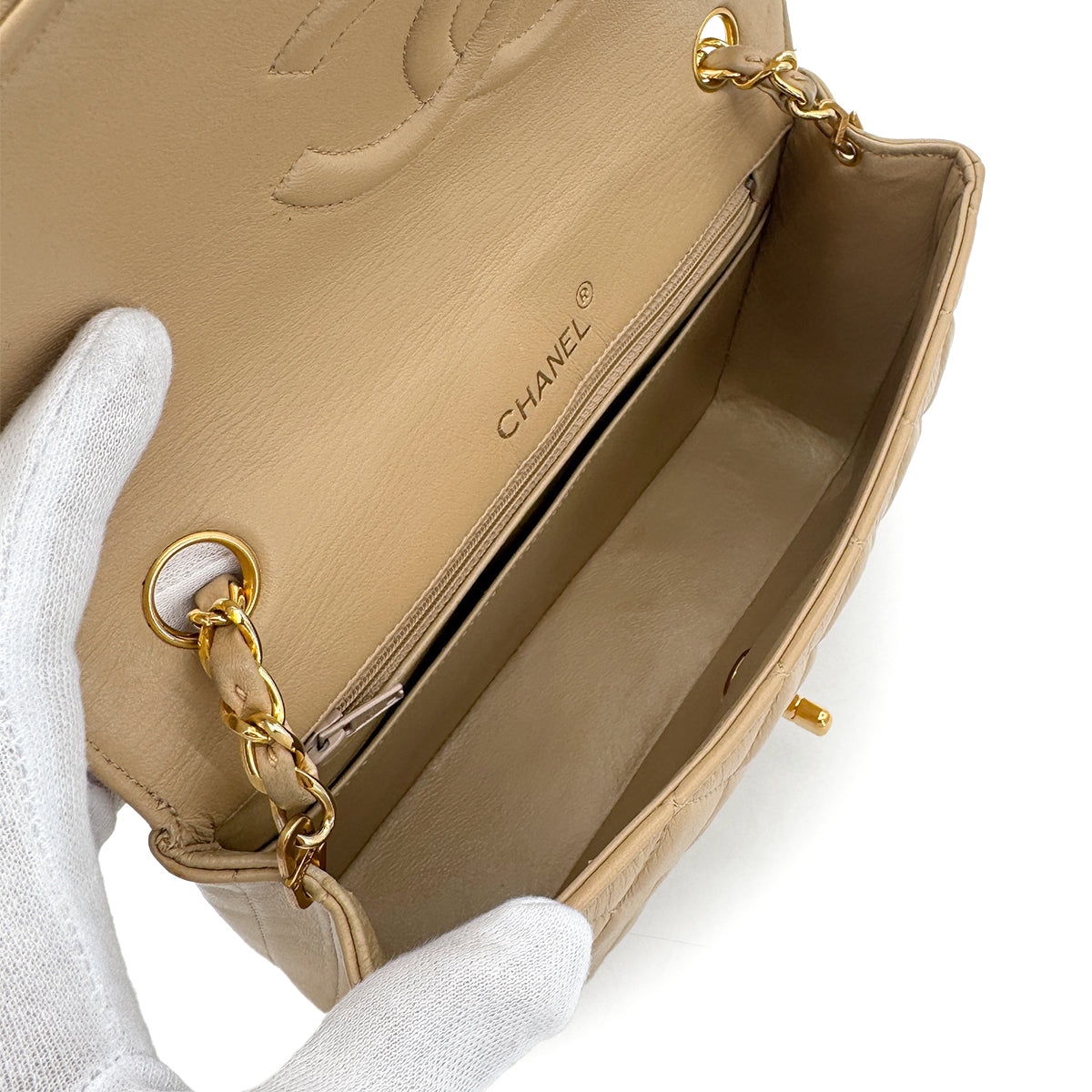 CHANEL VINTAGE HALF MOON CHAIN SHOULDER BAG BEIGE LAMB SKIN 90267440