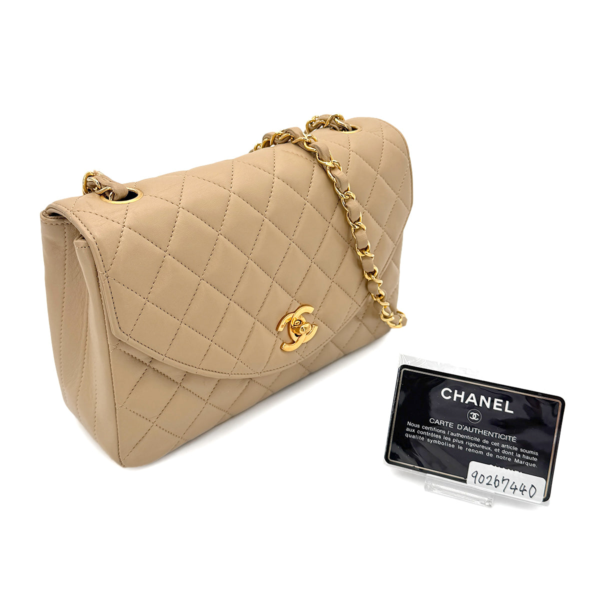 CHANEL VINTAGE HALF MOON CHAIN SHOULDER BAG BEIGE LAMB SKIN 90267440