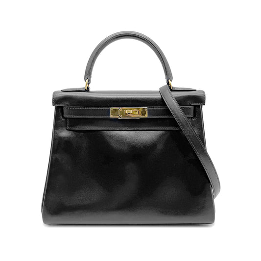HERMES KELLY 28 RETOURNE BLACK BOX CALF HAND BAG 〇Z GHW 90267442