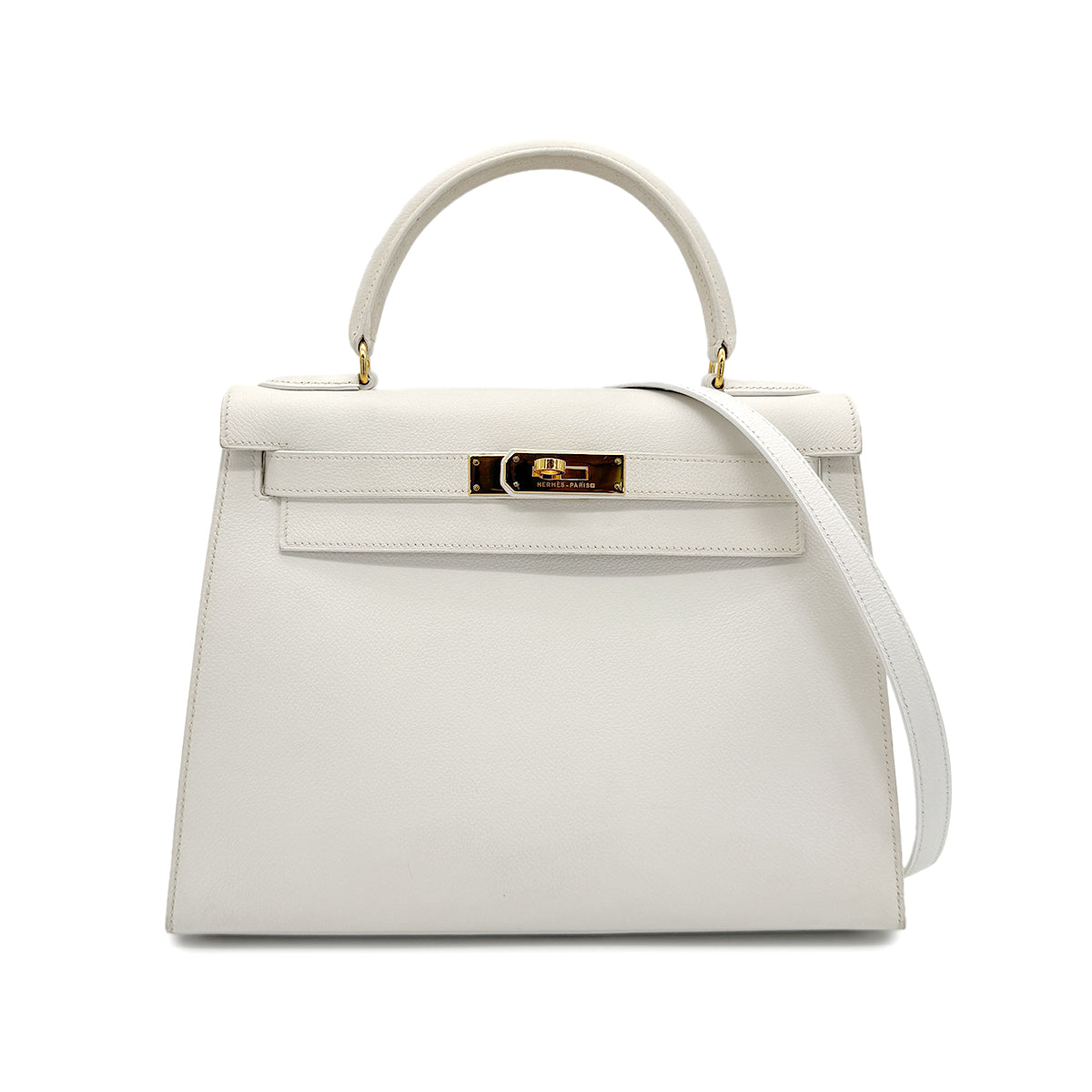 HERMES KELLY 28 SELLIER WHITE VEAU GRAINE HAND SHOULDER BAG 〇V GHW 90267443