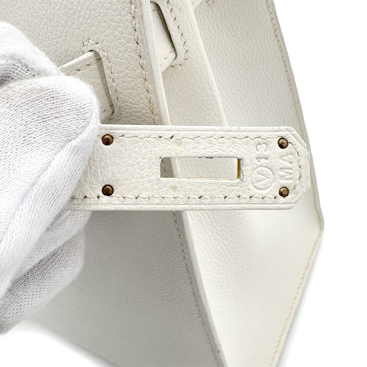 HERMES KELLY 28 SELLIER WHITE VEAU GRAINE HAND SHOULDER BAG 〇V GHW 90267443