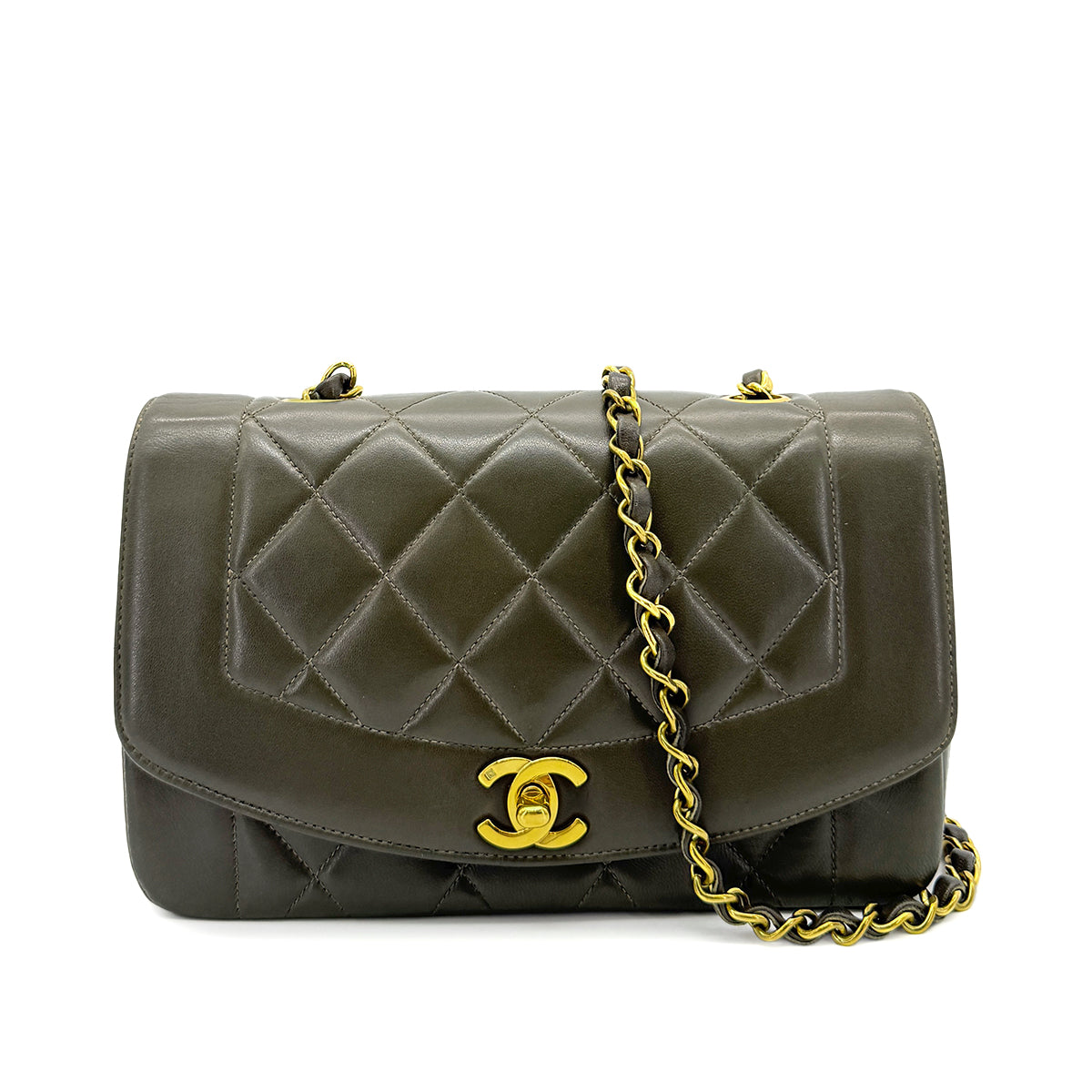 CHANEL VINTAGE DIANA SMALL CHAIN SHOULDER BAG KAHKI LAMB SKIN 90267445
