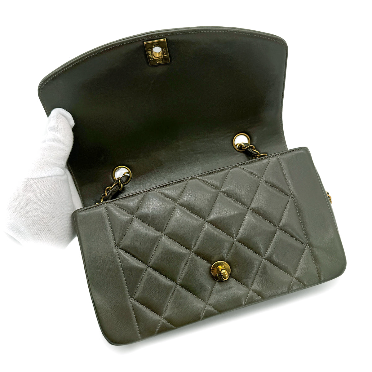 CHANEL VINTAGE DIANA SMALL CHAIN SHOULDER BAG KAHKI LAMB SKIN 90267445