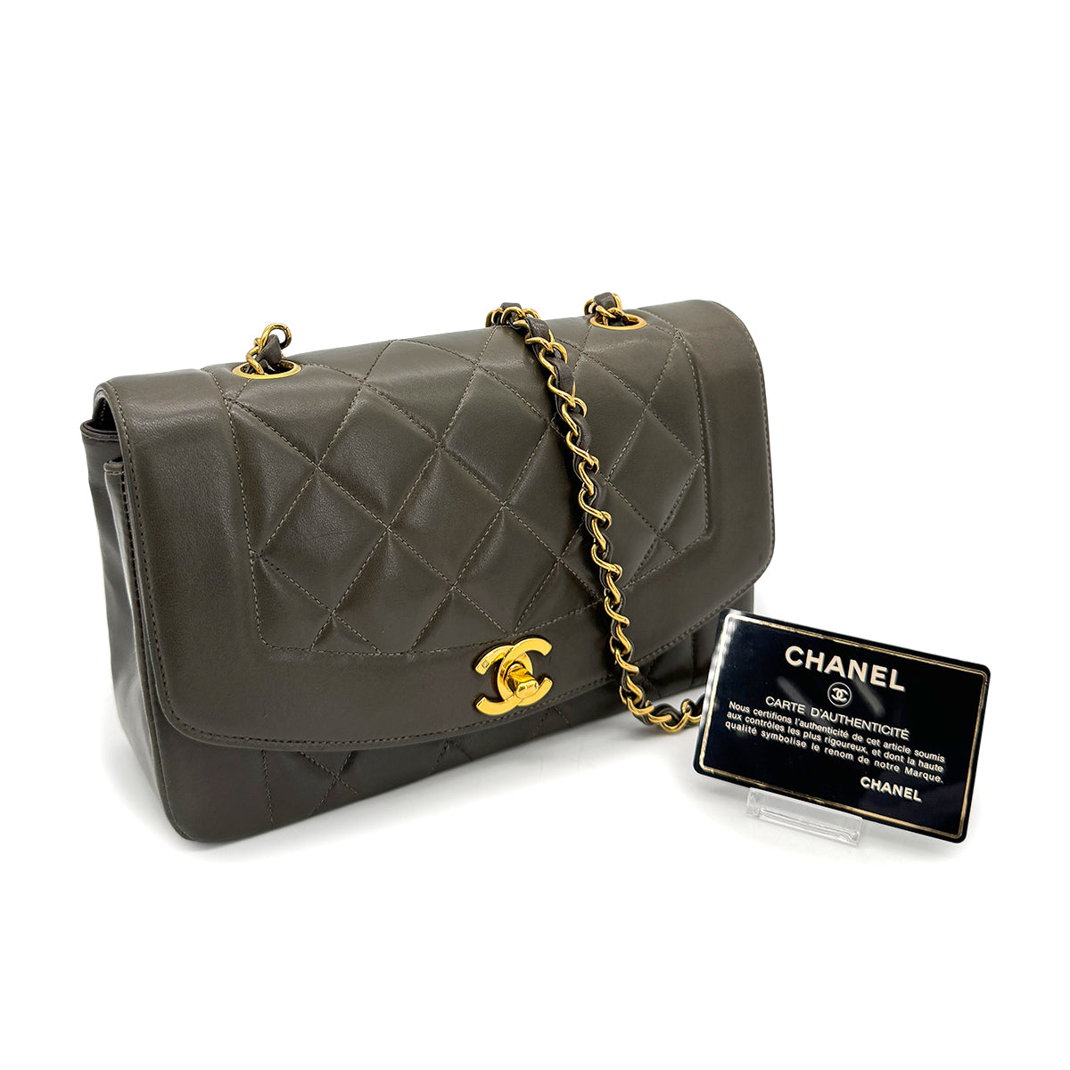 CHANEL VINTAGE DIANA SMALL CHAIN SHOULDER BAG KAHKI LAMB SKIN 90267445