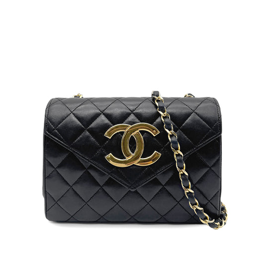 CHANEL VINTAGE MATELASSE BIG COCO CHAIN SHOULDER BAG BLACK LAMB SKIN 90267449