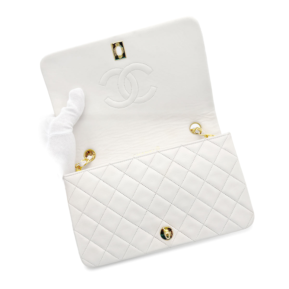 CHANEL VINTAGE FULL FLAP CHAIN SHOULDER BAG WHITE LAMB SKIN 90267470